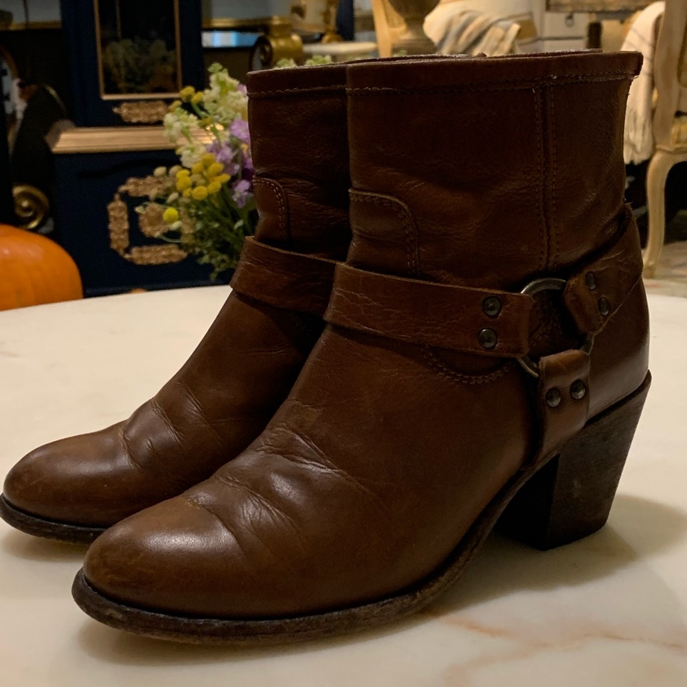 Frye Brown Leather Harness Ankle Boots
